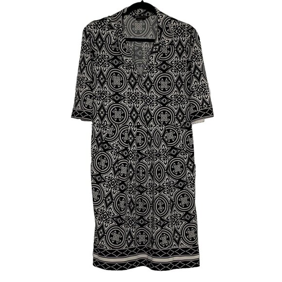 BCBGMaxAzria Women's Fit & Flare Mandala Stretch Dress Pockets Sz L Black White - Picture 1 of 11